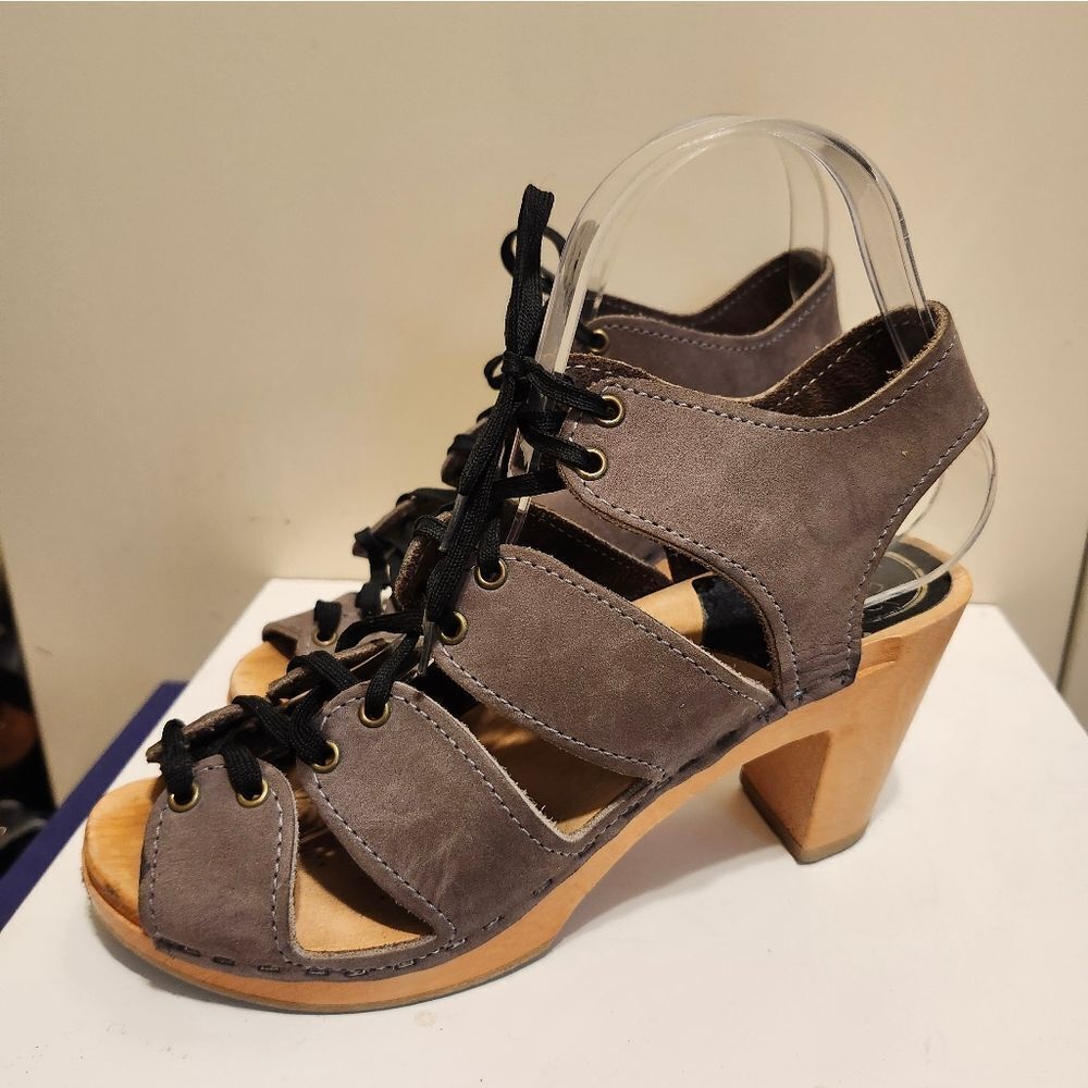 No. 6 Taupe Nubuck Leather Lace Up Corset Open Toe Wood Clogs Sz.6/36  Ret.$260 - Picture 10 of 13